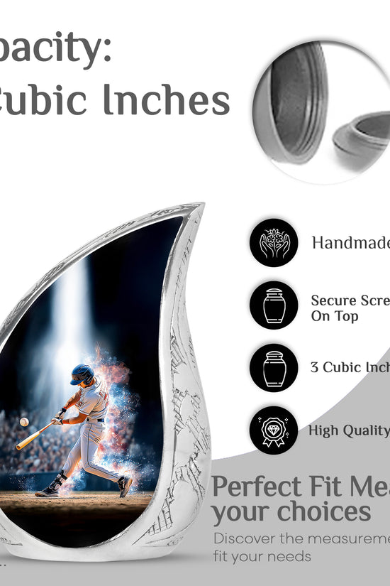 Onyx Black Baseball Cremation Urn angled view of lid and engraved motif - smooth teardrop contour featuring baseball art - mini keepsake memorial for portion of cremation ashes