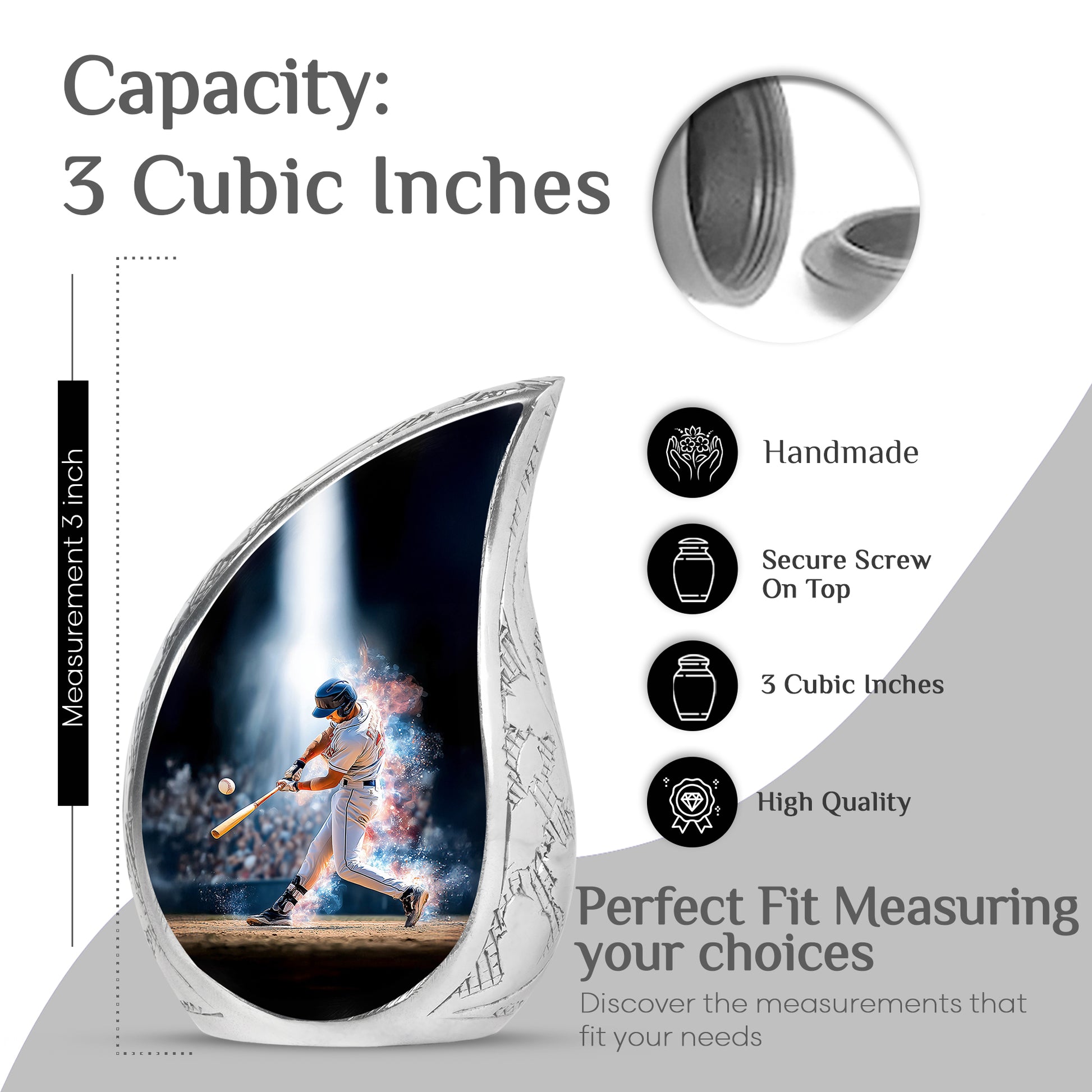 Onyx Black Baseball Cremation Urn angled view of lid and engraved motif - smooth teardrop contour featuring baseball art - mini keepsake memorial for portion of cremation ashes