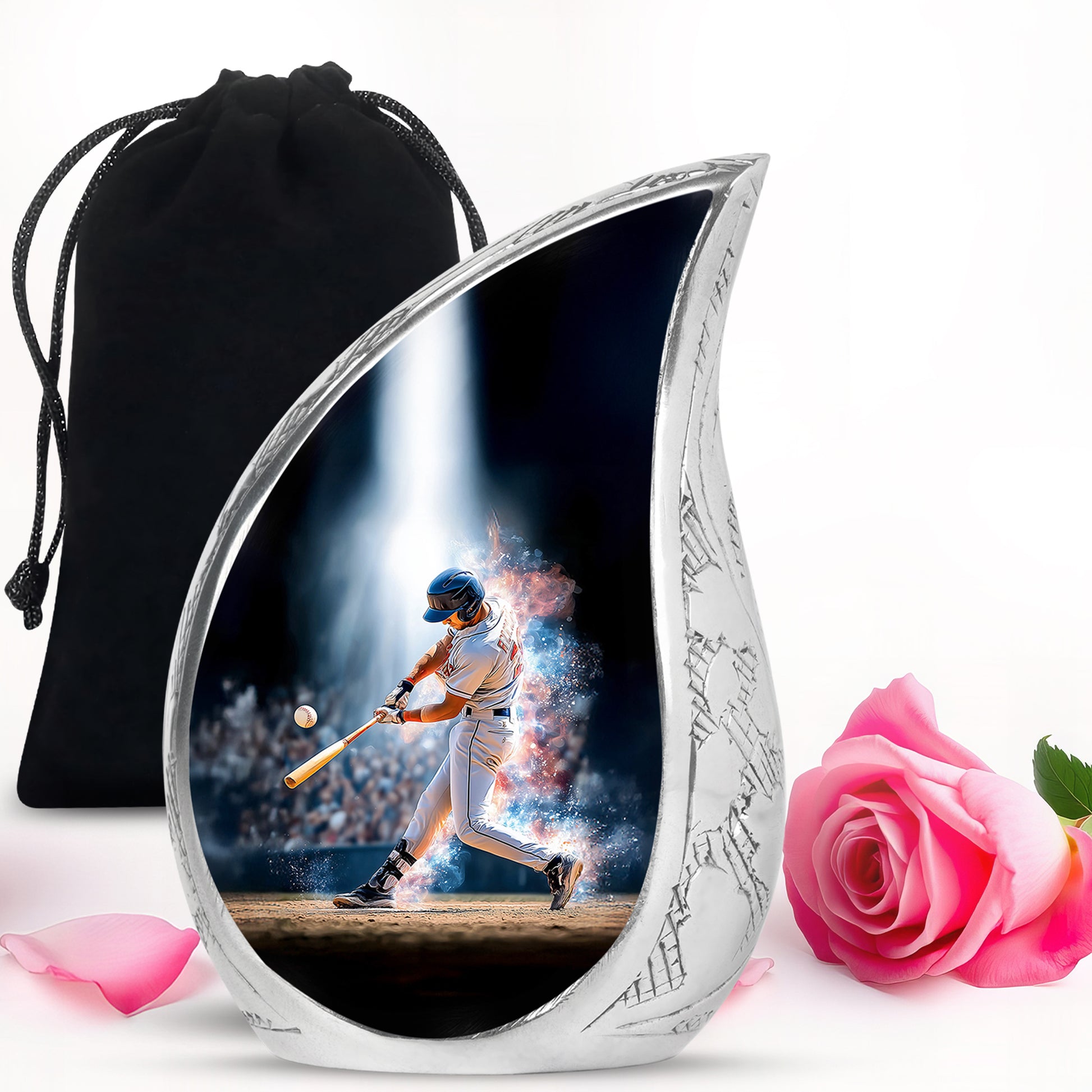 Deep Black Baseball Cremation Urn front view showing detailed design - flowing teardrop baseball silhouette on curved aluminum - full-size 10 inch 200 cubic inch adult cremation urn