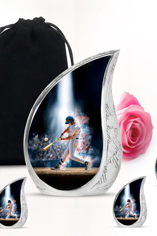 Jet Black Baseball Cremation Urn side profile showing urn shape - rounded teardrop baseball design with delicate detail - memorial set with one large and four small urns