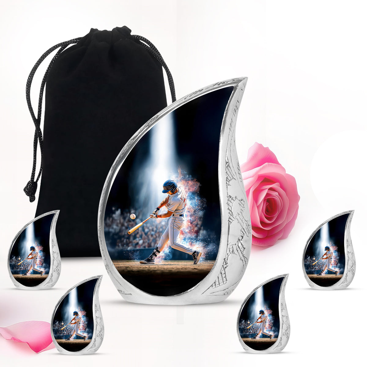 Jet Black Baseball Cremation Urn side profile showing urn shape - rounded teardrop baseball design with delicate detail - memorial set with one large and four small urns