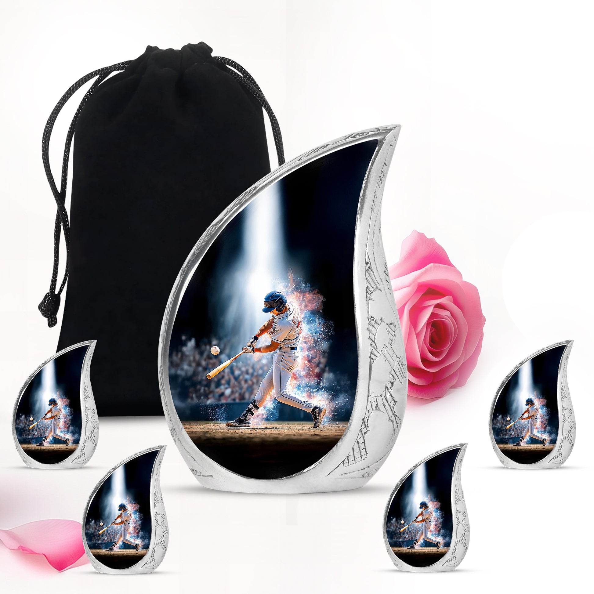 Jet Black Baseball Cremation Urn side profile showing urn shape - rounded teardrop baseball design with delicate detail - memorial set with one large and four small urns