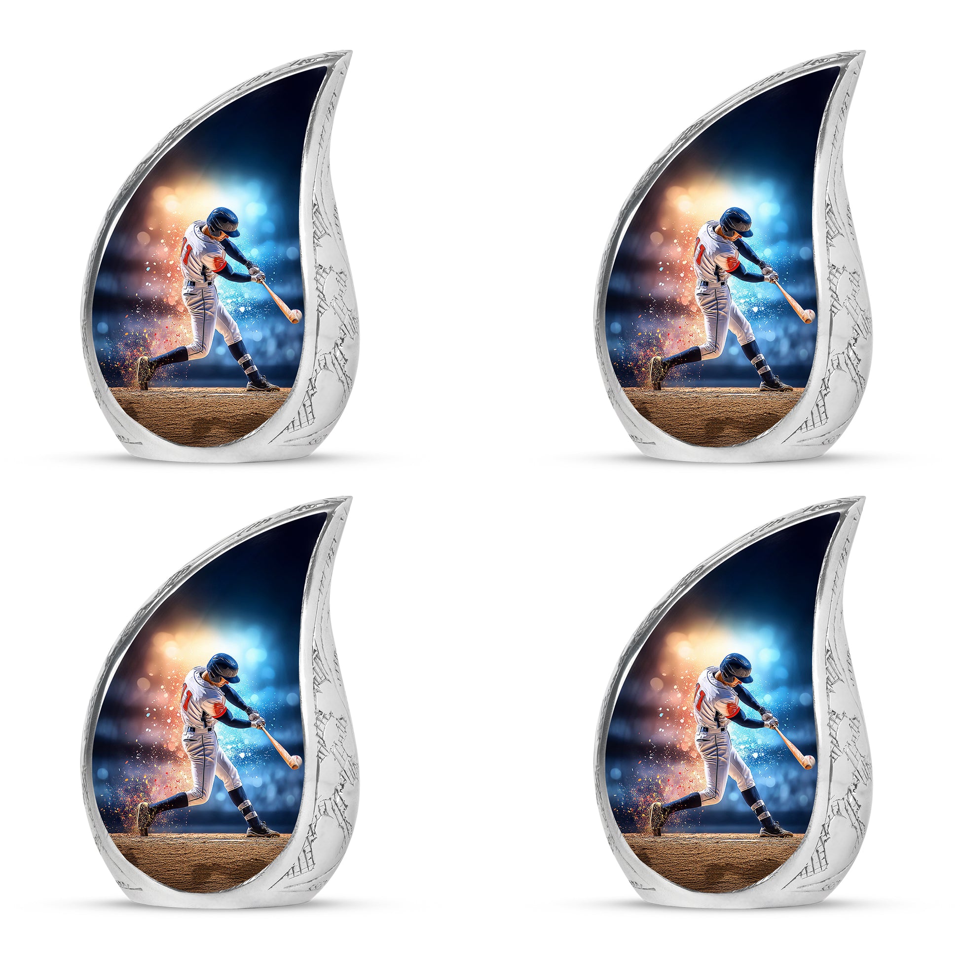 Serene Blue Baseball Cremation Urn close-up of engraving and surface detail - graceful tear-shaped urn with baseball motif - 10 inch aluminum urn for cremated remains