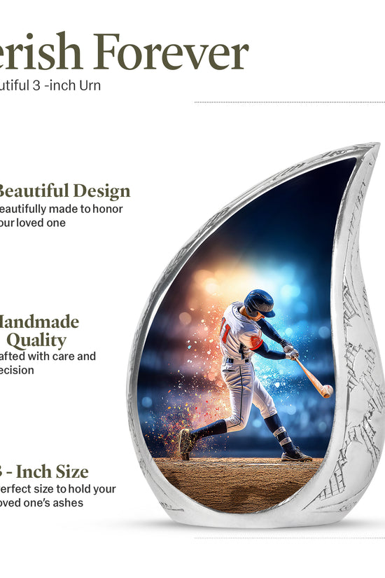 Navy Blue Baseball Cremation Urn angled view of lid and engraved motif - flowing teardrop baseball silhouette on curved aluminum - mini keepsake memorial for portion of cremation ashes