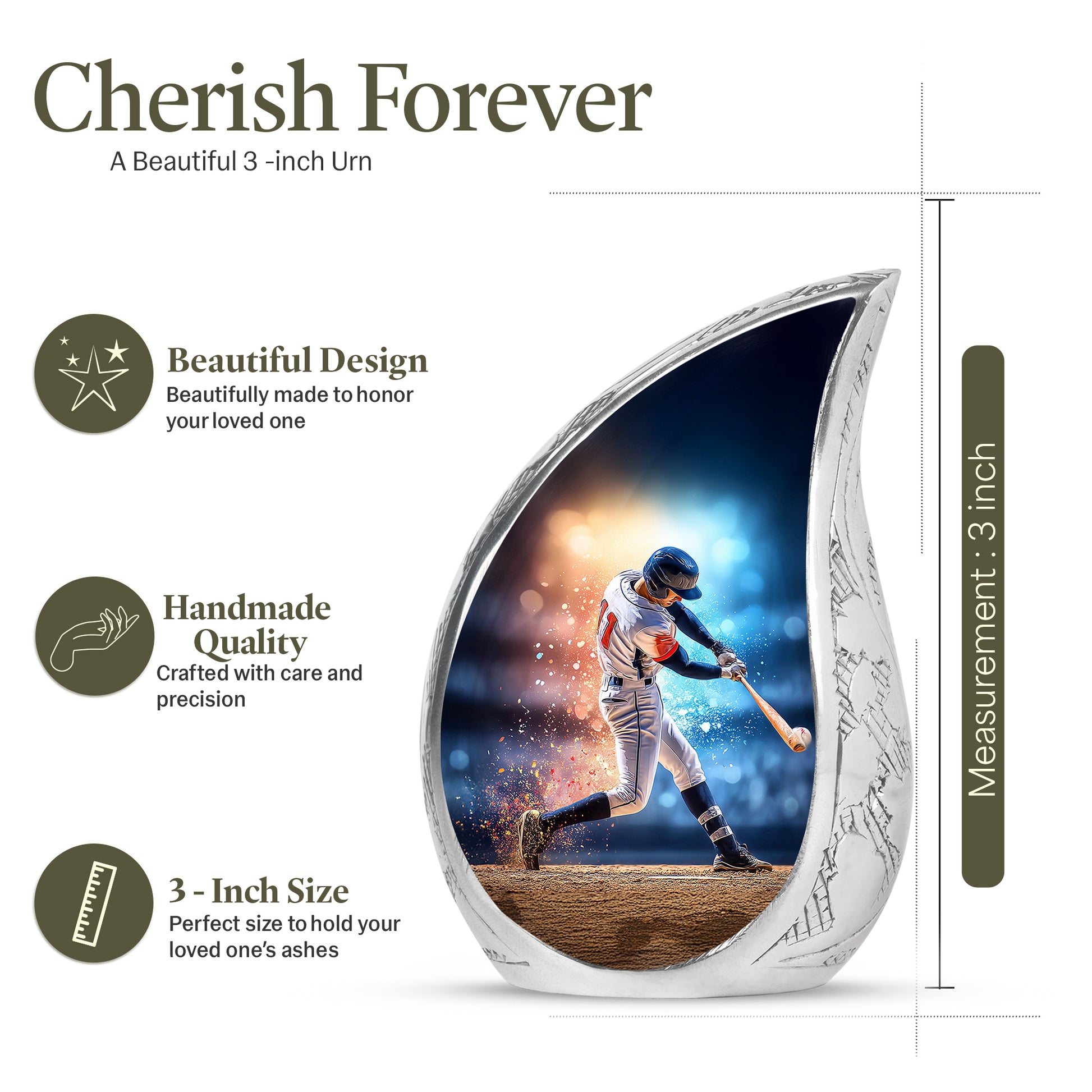 Navy Blue Baseball Cremation Urn angled view of lid and engraved motif - flowing teardrop baseball silhouette on curved aluminum - mini keepsake memorial for portion of cremation ashes