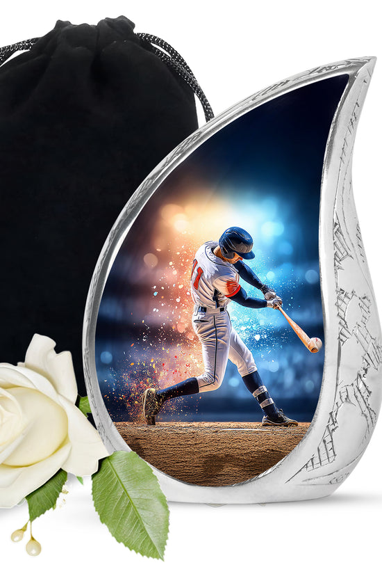 Steel Blue Baseball Cremation Urn front view showing detailed design - smooth teardrop contour featuring baseball art - full-size 10 inch 200 cubic inch adult cremation urn