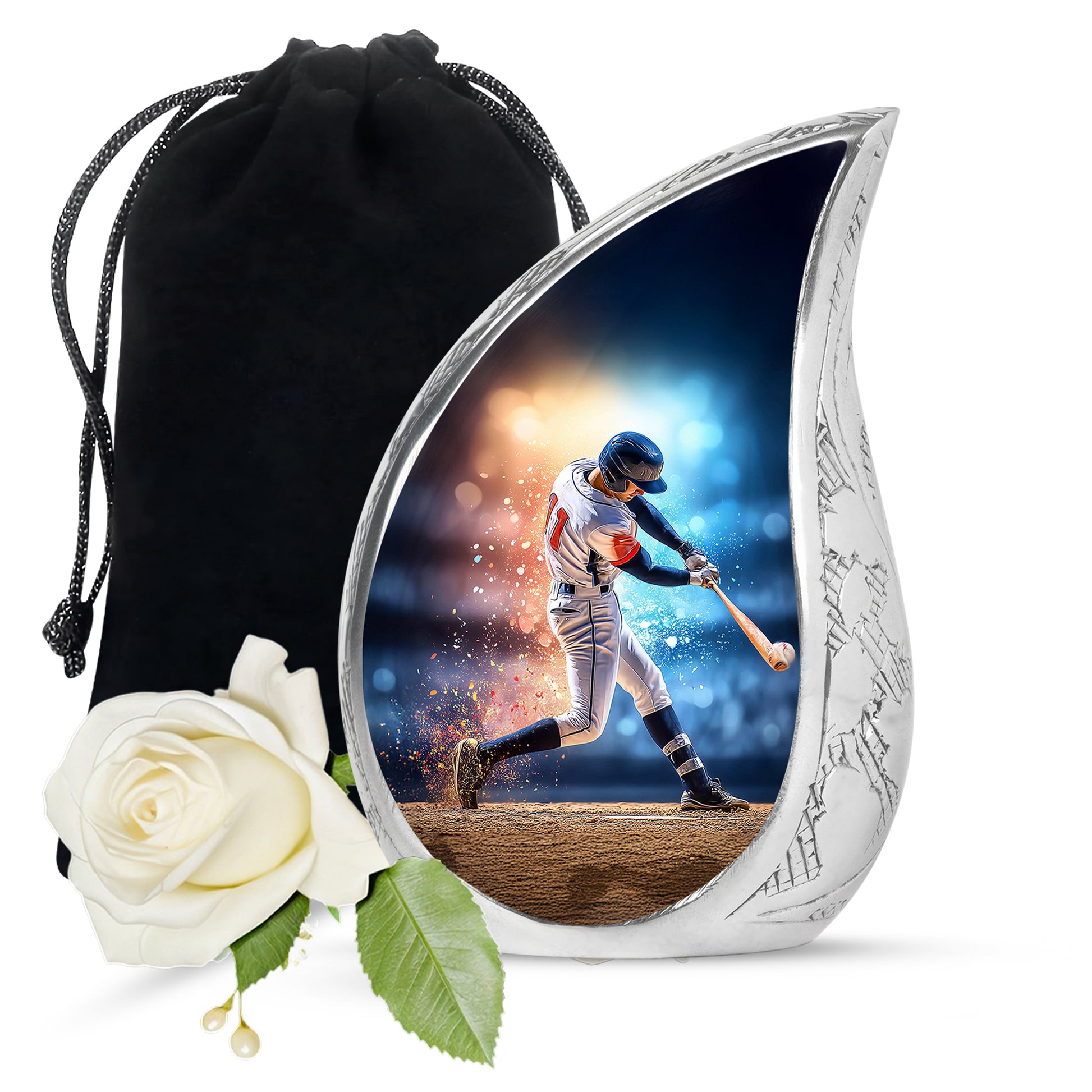 Steel Blue Baseball Cremation Urn front view showing detailed design - smooth teardrop contour featuring baseball art - full-size 10 inch 200 cubic inch adult cremation urn