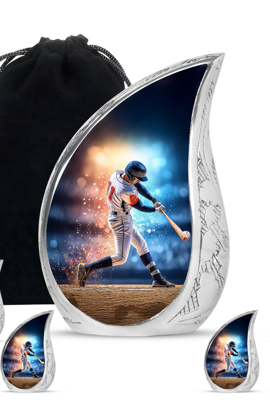 Royal Blue Baseball Cremation Urn side profile showing urn shape - smooth teardrop contour featuring baseball art - memorial set with one large and four small urns