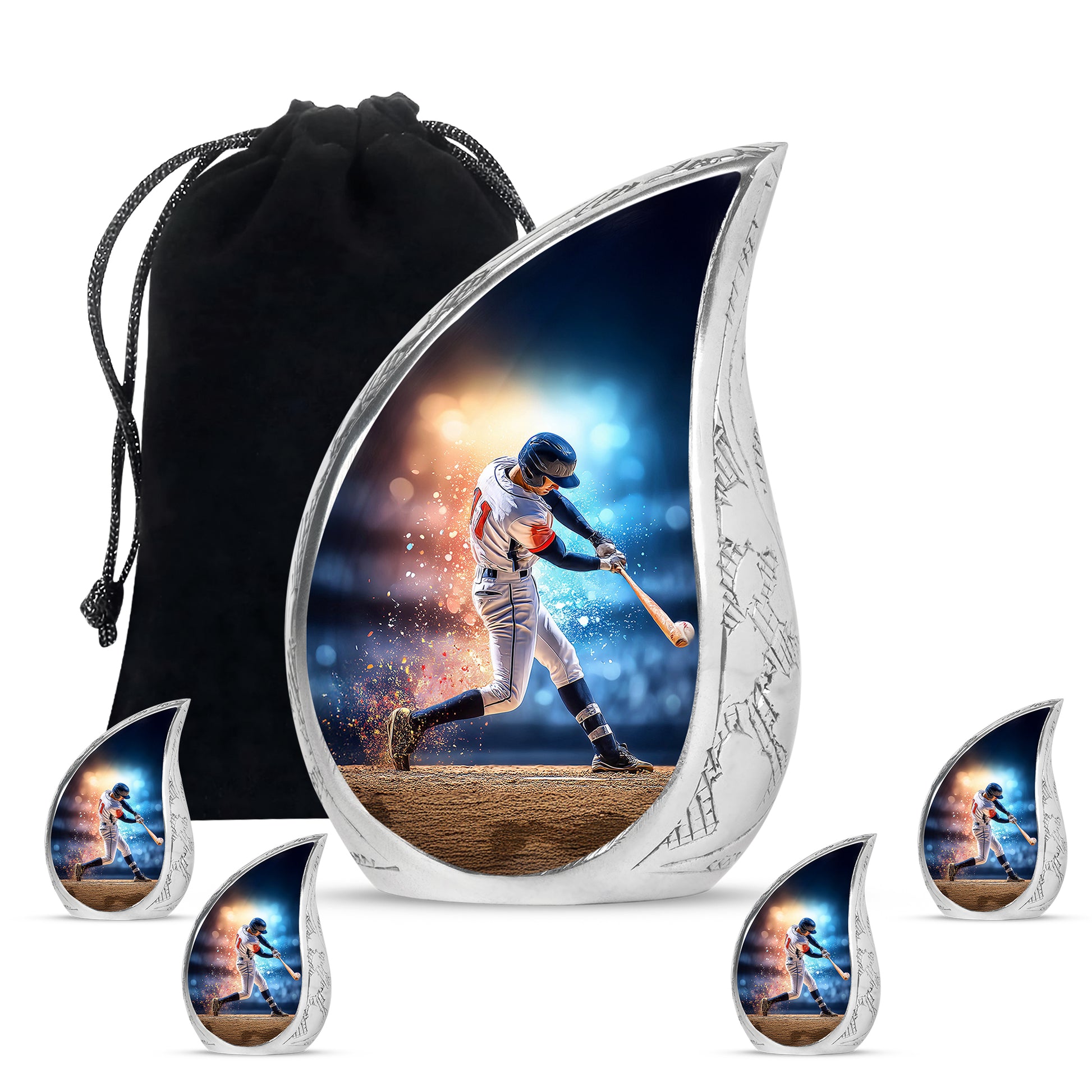 Royal Blue Baseball Cremation Urn side profile showing urn shape - smooth teardrop contour featuring baseball art - memorial set with one large and four small urns