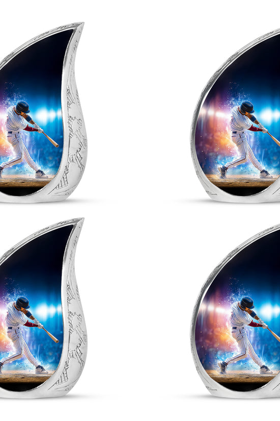 Rich Black Baseball Cremation Urn close-up of engraving and surface detail - flowing teardrop baseball silhouette on curved aluminum - 10 inch aluminum urn for cremated remains
