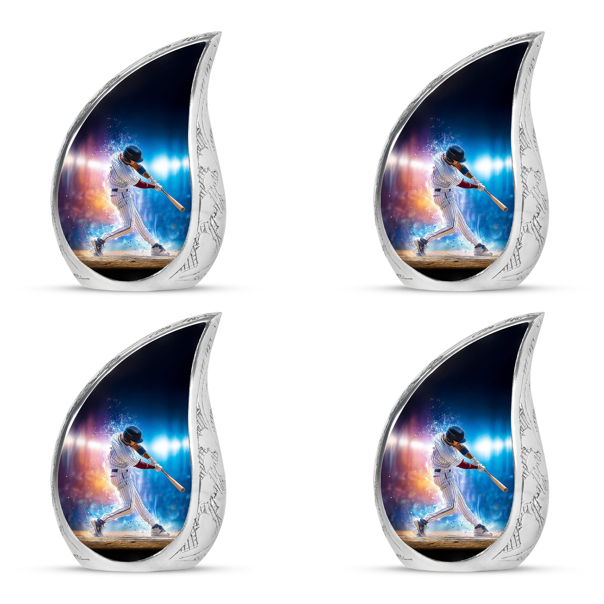 Rich Black Baseball Cremation Urn close-up of engraving and surface detail - flowing teardrop baseball silhouette on curved aluminum - 10 inch aluminum urn for cremated remains