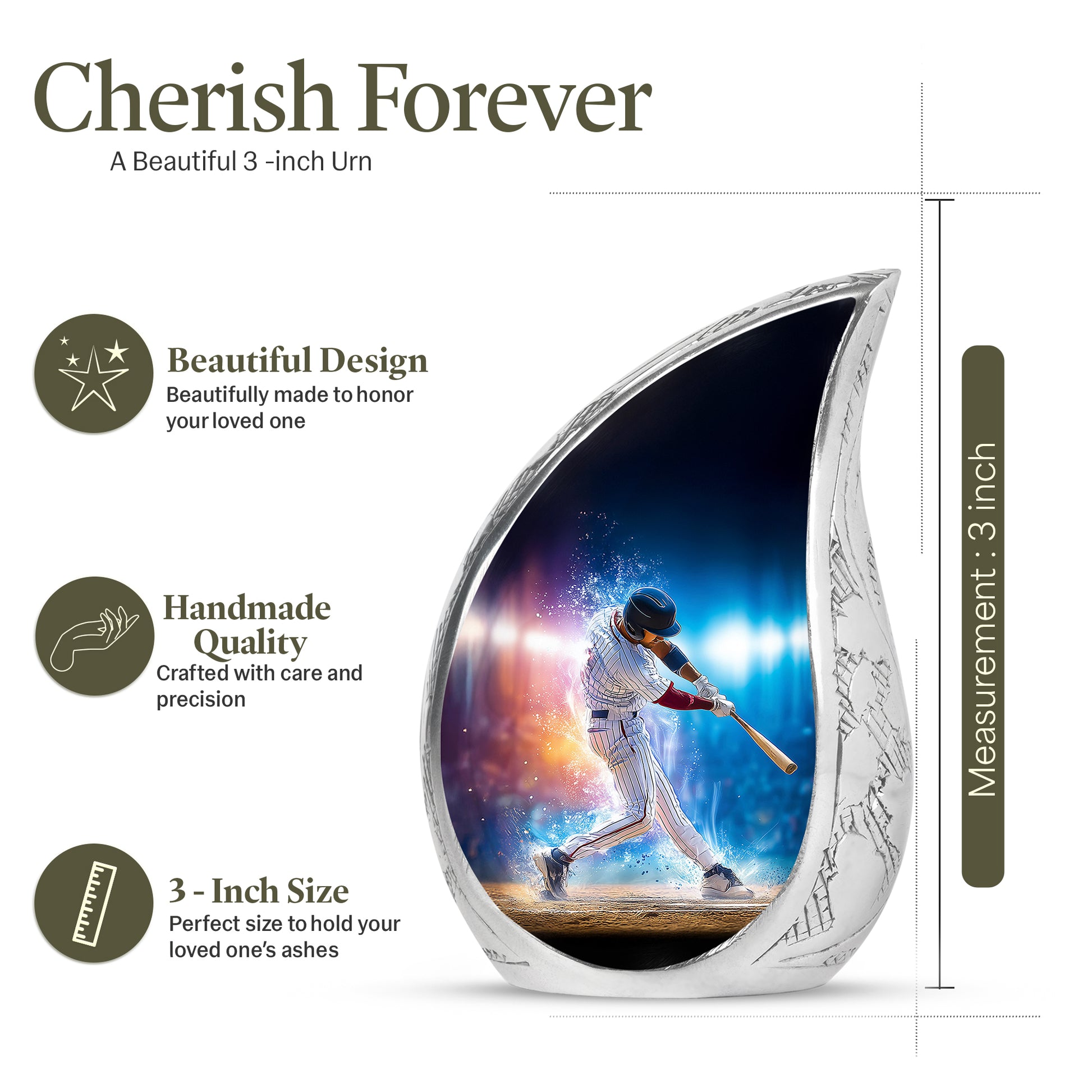 Dark Black Baseball Cremation Urn angled view of lid and engraved motif - graceful tear-shaped urn with baseball motif - mini keepsake memorial for portion of cremation ashes
