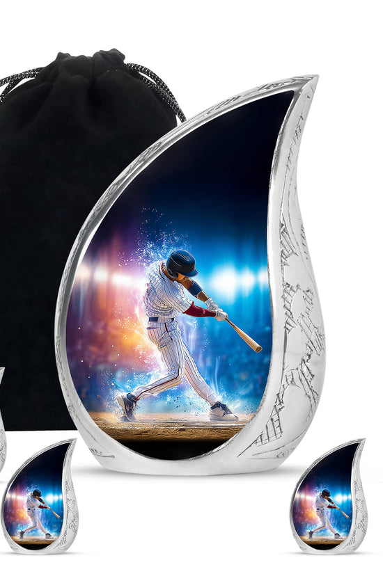 Glossy Black Baseball Cremation Urn side profile showing urn shape - flowing teardrop baseball silhouette on curved aluminum - memorial set with one large and four small urns