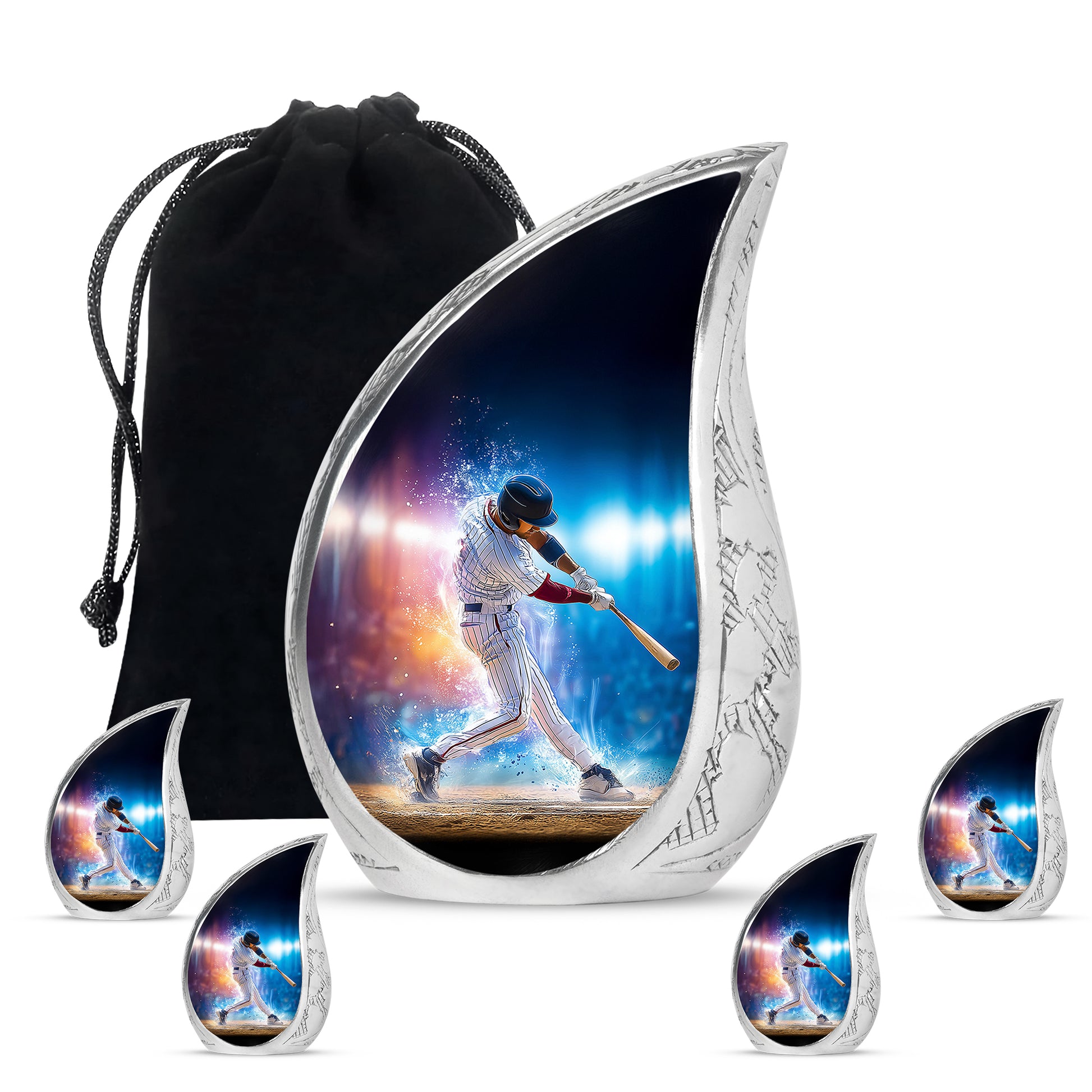 Glossy Black Baseball Cremation Urn side profile showing urn shape - flowing teardrop baseball silhouette on curved aluminum - memorial set with one large and four small urns