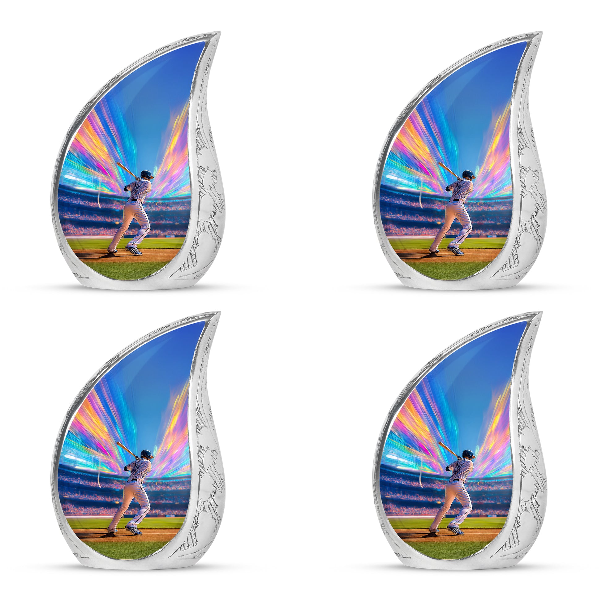 Cornflower Blue Baseball Cremation Urn close-up of engraving and surface detail - graceful tear-shaped urn with baseball motif - 10 inch aluminum urn for cremated remains