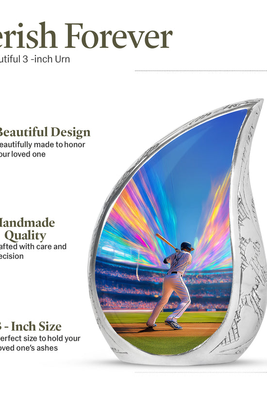 Indigo Baseball Cremation Urn angled view of lid and engraved motif - flowing teardrop baseball silhouette on curved aluminum - mini keepsake memorial for portion of cremation ashes