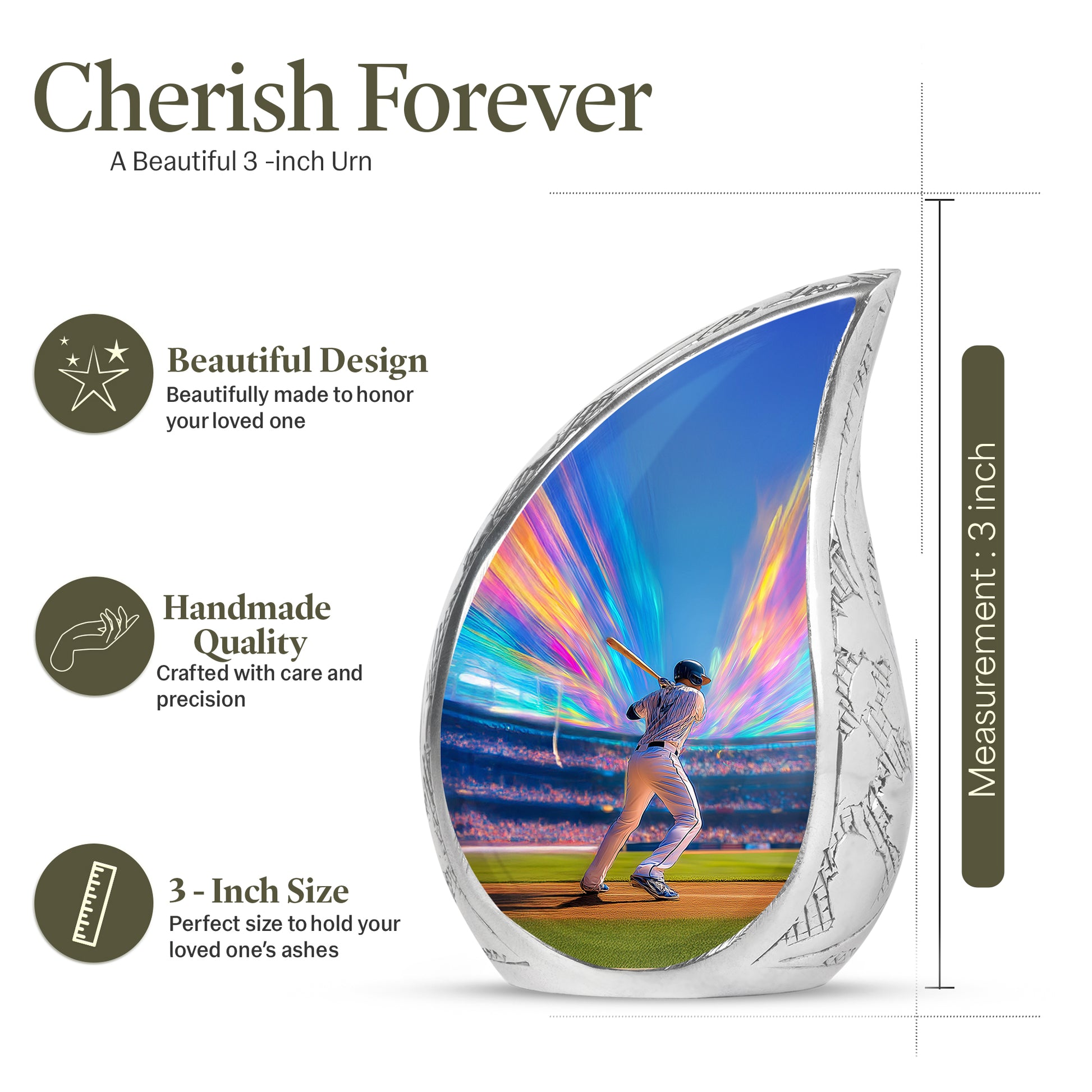 Indigo Baseball Cremation Urn angled view of lid and engraved motif - flowing teardrop baseball silhouette on curved aluminum - mini keepsake memorial for portion of cremation ashes