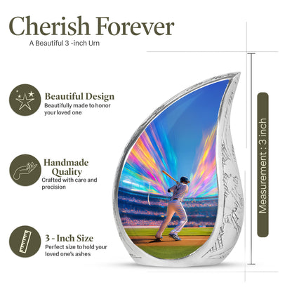 Indigo Baseball Cremation Urn angled view of lid and engraved motif - flowing teardrop baseball silhouette on curved aluminum - mini keepsake memorial for portion of cremation ashes