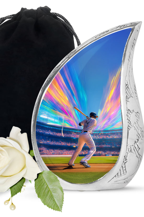 Slate Blue Baseball Cremation Urn front view showing detailed design - rounded teardrop baseball design with delicate detail - full-size 10 inch 200 cubic inch adult cremation urn
