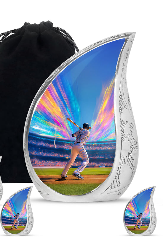 Misty Blue Baseball Cremation Urn side profile showing urn shape - rounded teardrop baseball design with delicate detail - memorial set with one large and four small urns