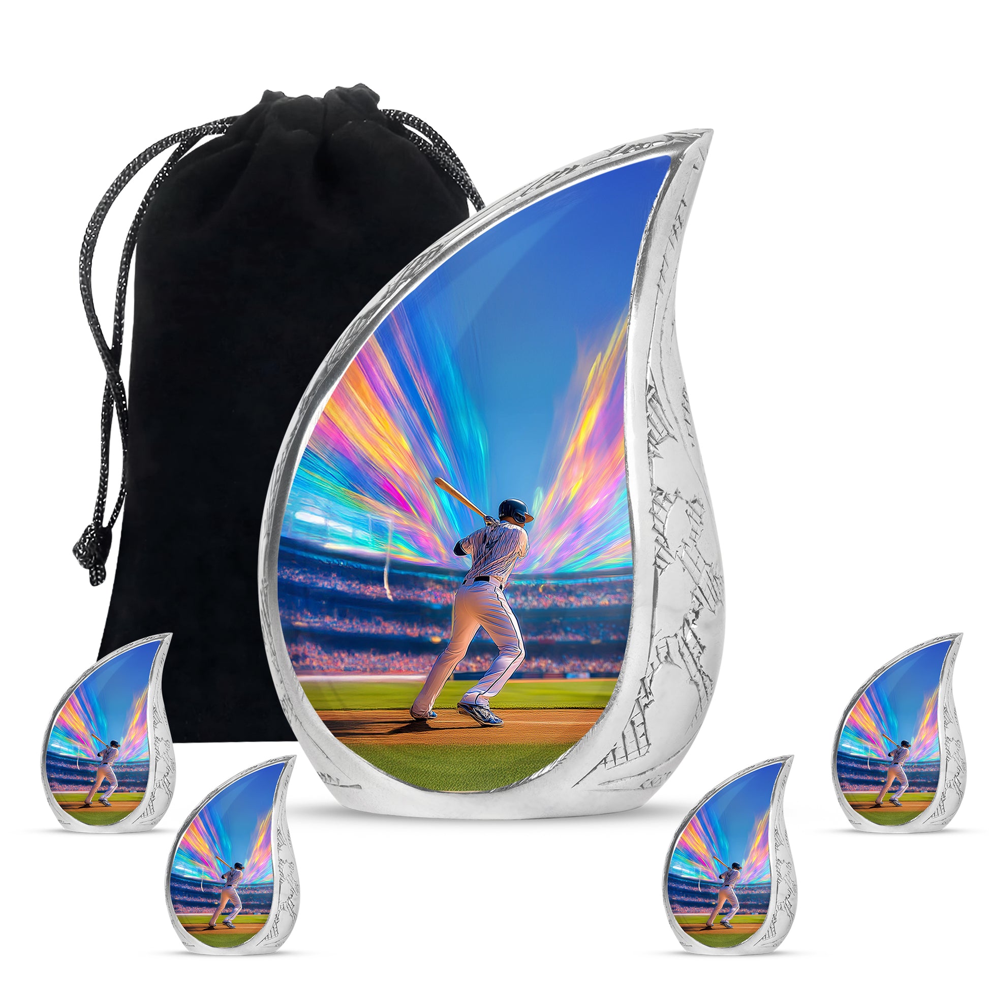 Misty Blue Baseball Cremation Urn side profile showing urn shape - rounded teardrop baseball design with delicate detail - memorial set with one large and four small urns