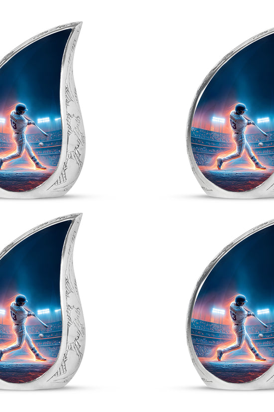 Pastel Blue Baseball Cremation Urn close-up of engraving and surface detail - flowing teardrop baseball silhouette on curved aluminum - 10 inch aluminum urn for cremated remains