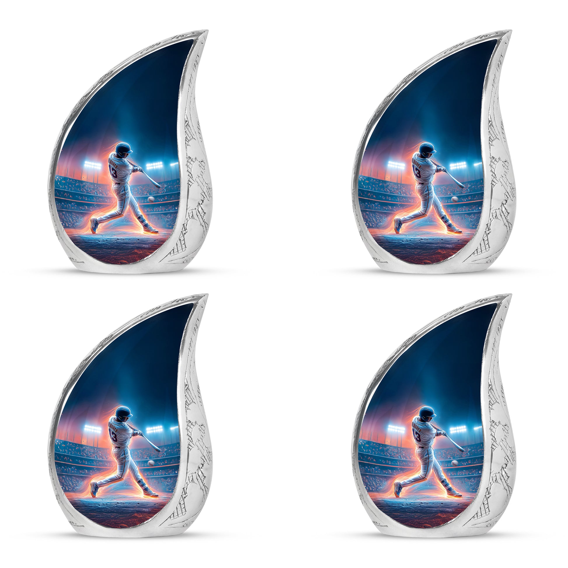 Pastel Blue Baseball Cremation Urn close-up of engraving and surface detail - flowing teardrop baseball silhouette on curved aluminum - 10 inch aluminum urn for cremated remains