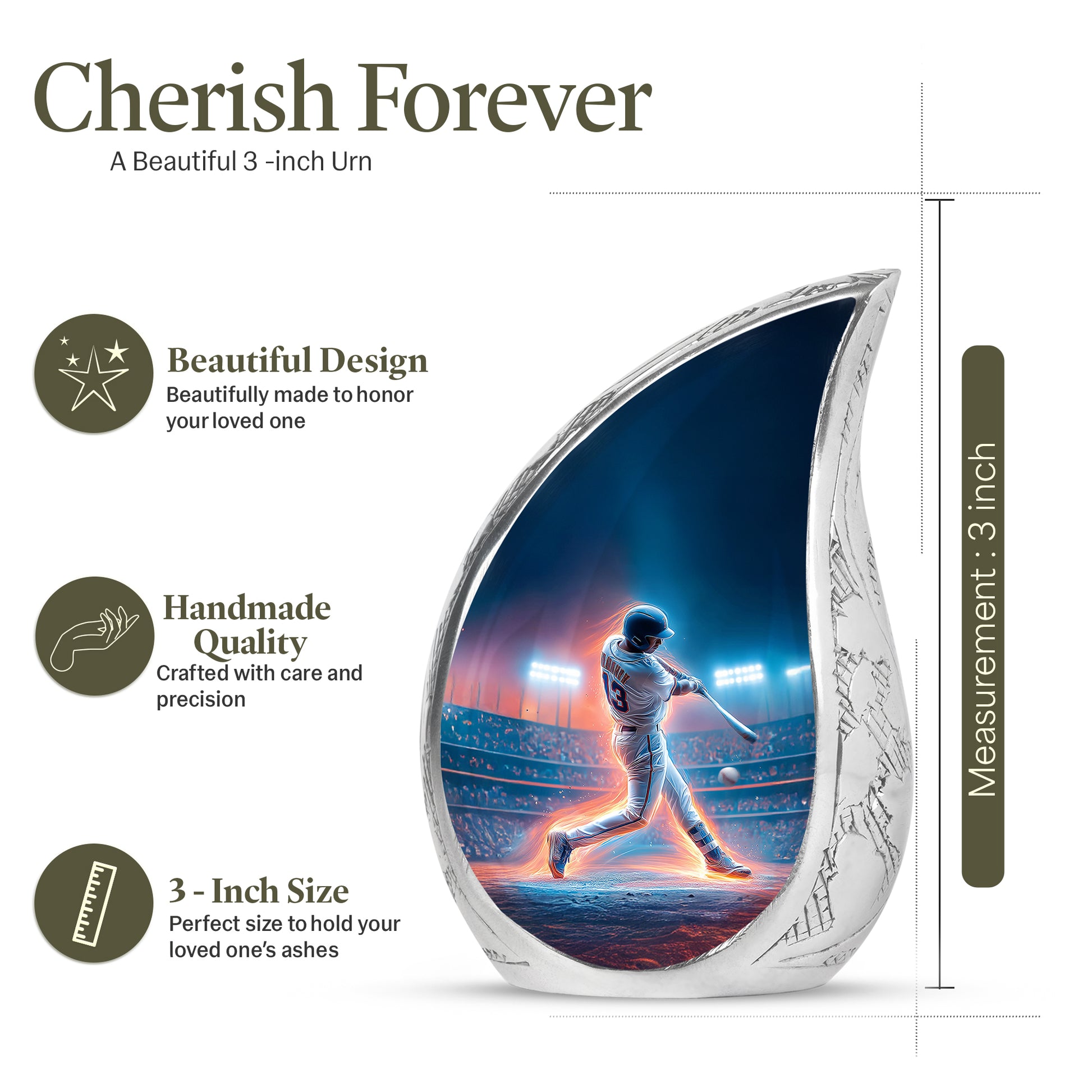 Slate Blue Baseball Cremation Urn angled view of lid and engraved motif - flowing teardrop baseball silhouette on curved aluminum - mini keepsake memorial for portion of cremation ashes