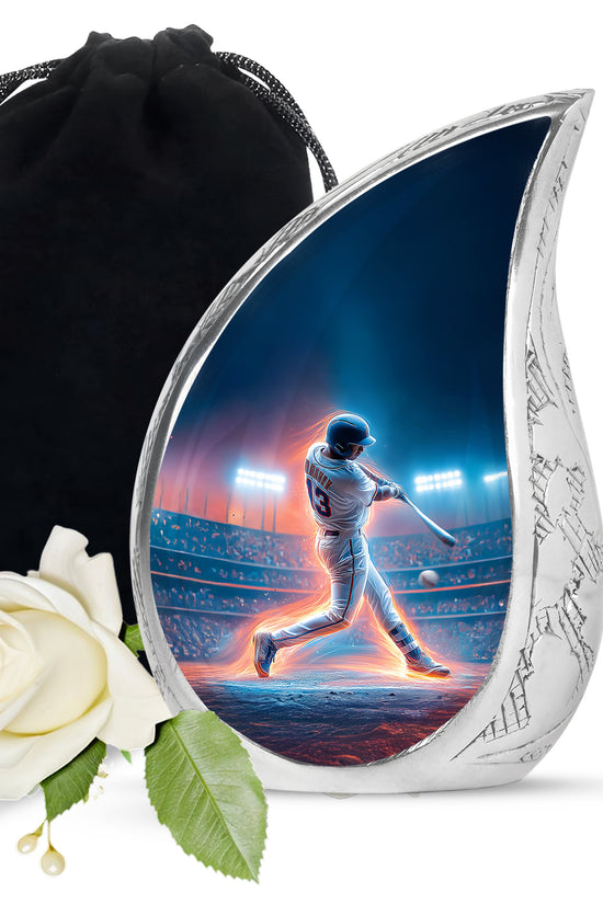Indigo Baseball Cremation Urn front view showing detailed design - rounded teardrop baseball design with delicate detail - full-size 10 inch 200 cubic inch adult cremation urn