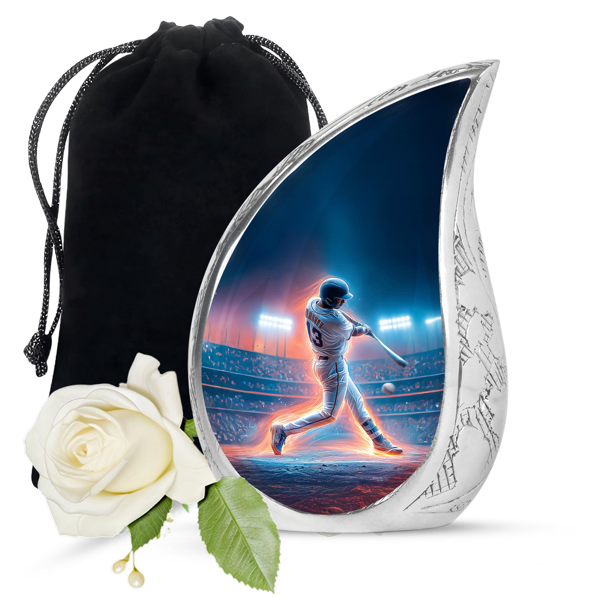 Indigo Baseball Cremation Urn front view showing detailed design - rounded teardrop baseball design with delicate detail - full-size 10 inch 200 cubic inch adult cremation urn