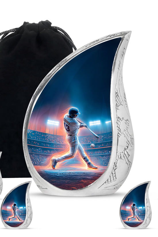 Bright Blue Baseball Cremation Urn side profile showing urn shape - smooth teardrop contour featuring baseball art - memorial set with one large and four small urns