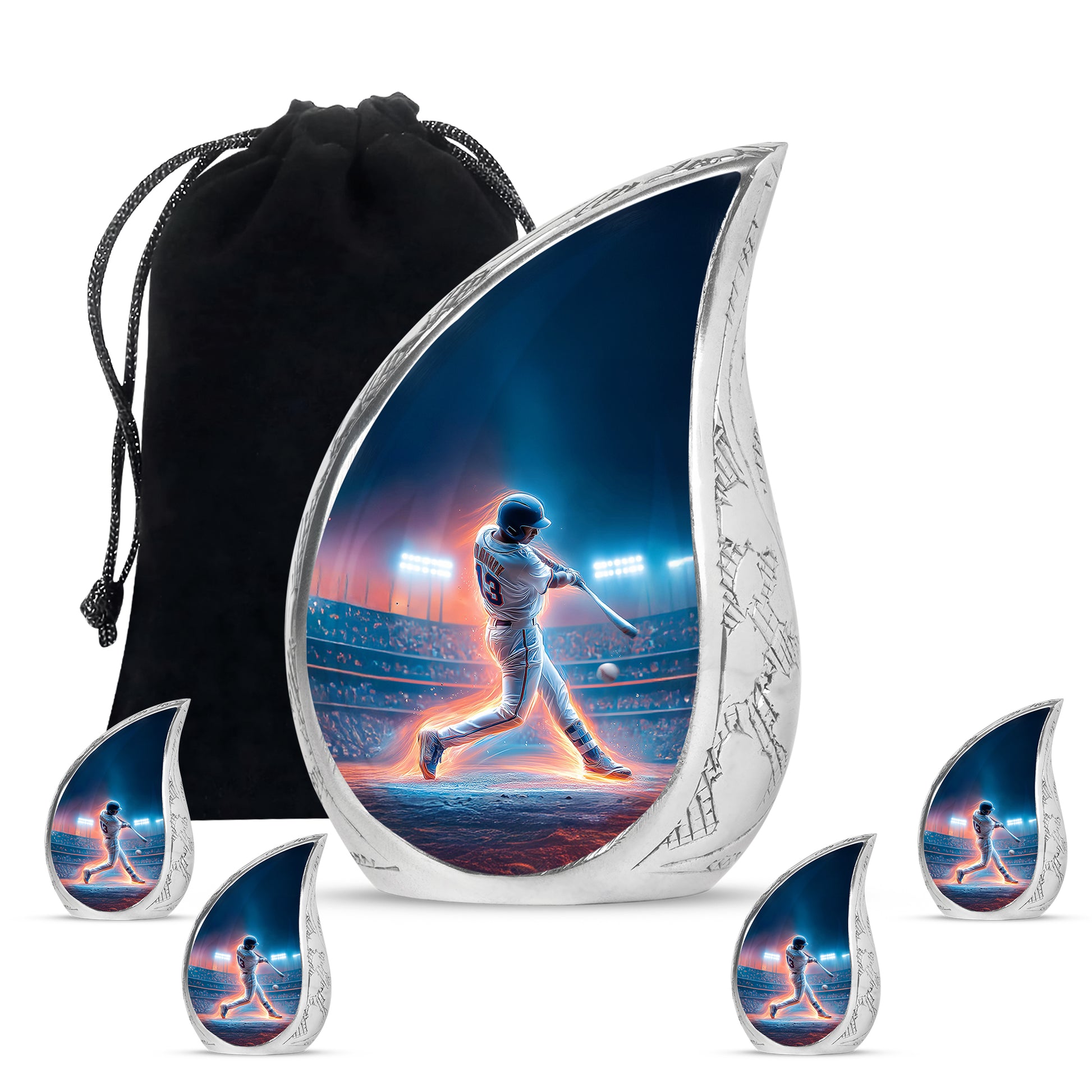 Bright Blue Baseball Cremation Urn side profile showing urn shape - smooth teardrop contour featuring baseball art - memorial set with one large and four small urns
