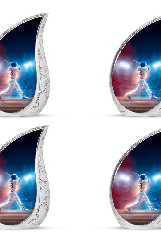 Powder Blue Baseball Cremation Urn close-up of engraving and surface detail - flowing teardrop baseball silhouette on curved aluminum - 10 inch aluminum urn for cremated remains