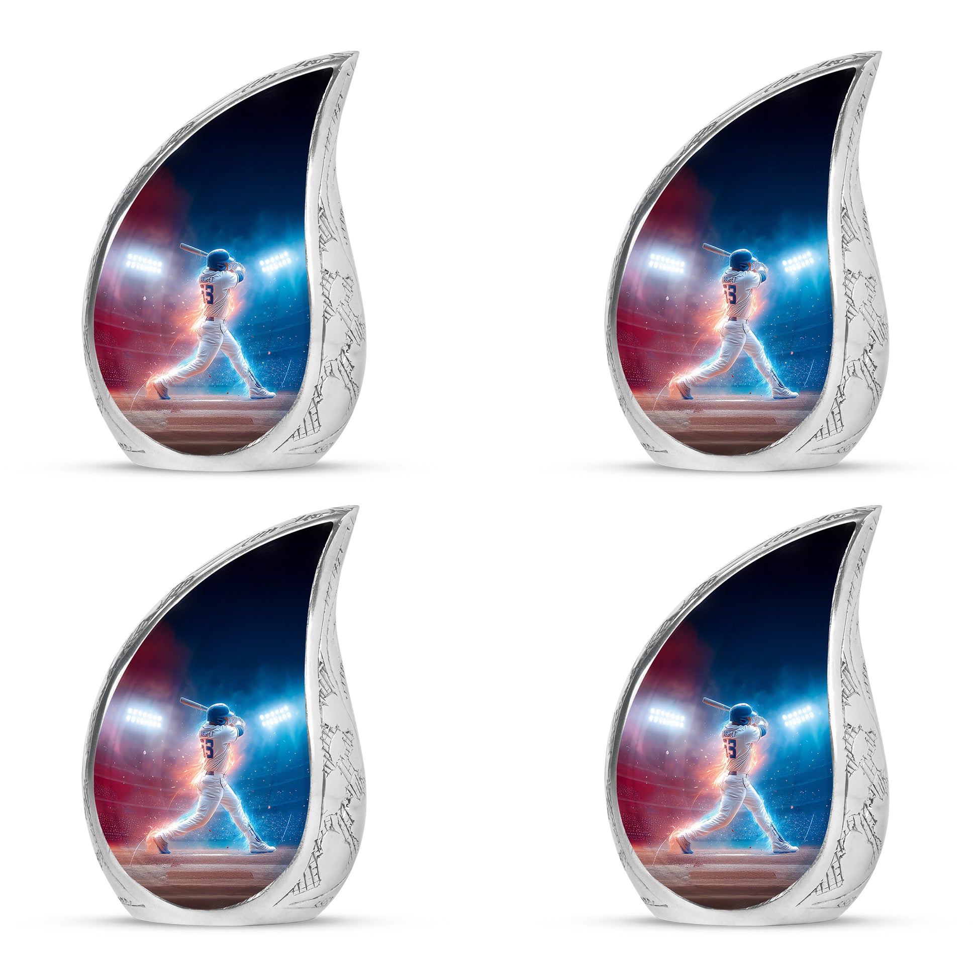 Powder Blue Baseball Cremation Urn close-up of engraving and surface detail - flowing teardrop baseball silhouette on curved aluminum - 10 inch aluminum urn for cremated remains