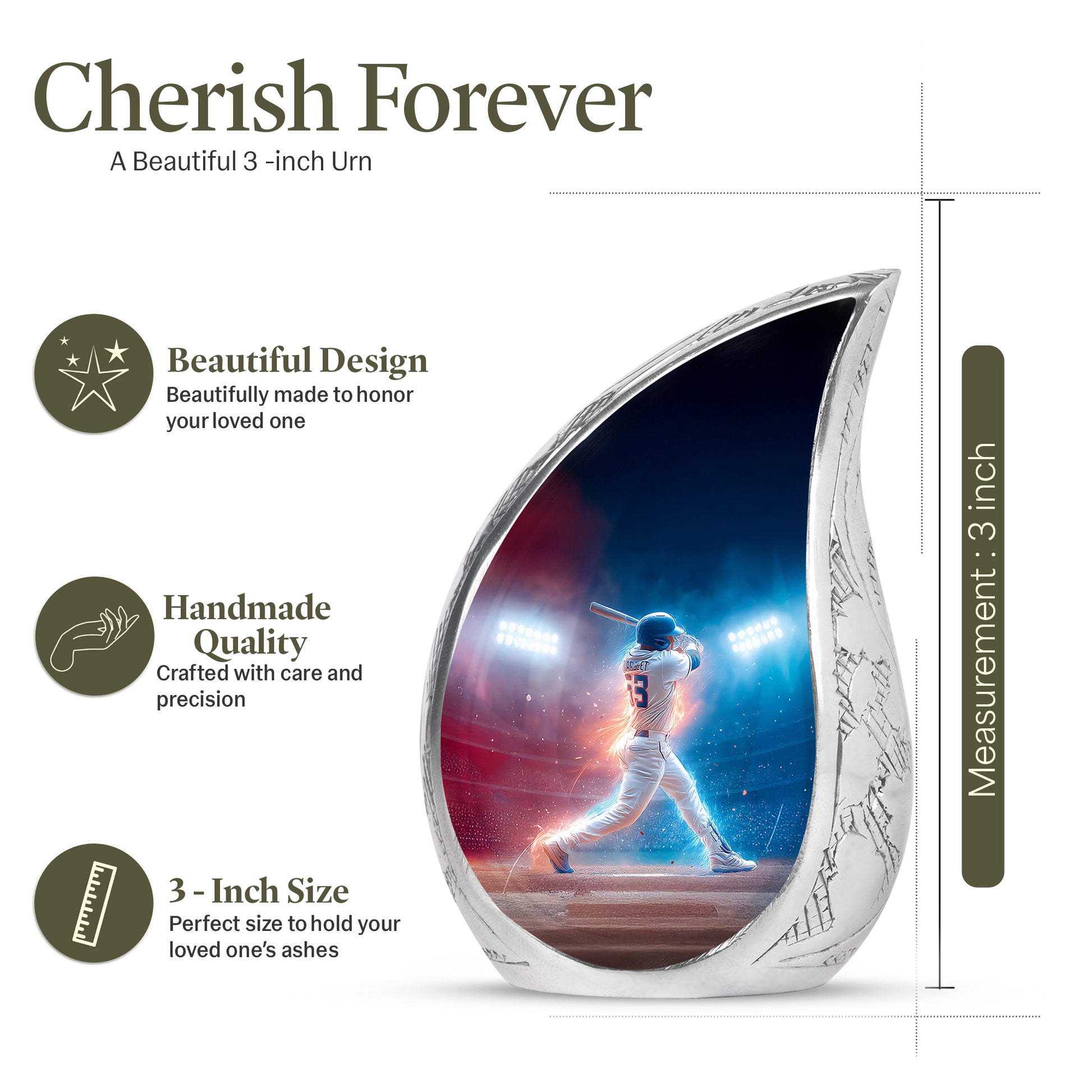 Serene Blue Baseball Cremation Urn angled view of lid and engraved motif - graceful tear-shaped urn with baseball motif - mini keepsake memorial for portion of cremation ashes