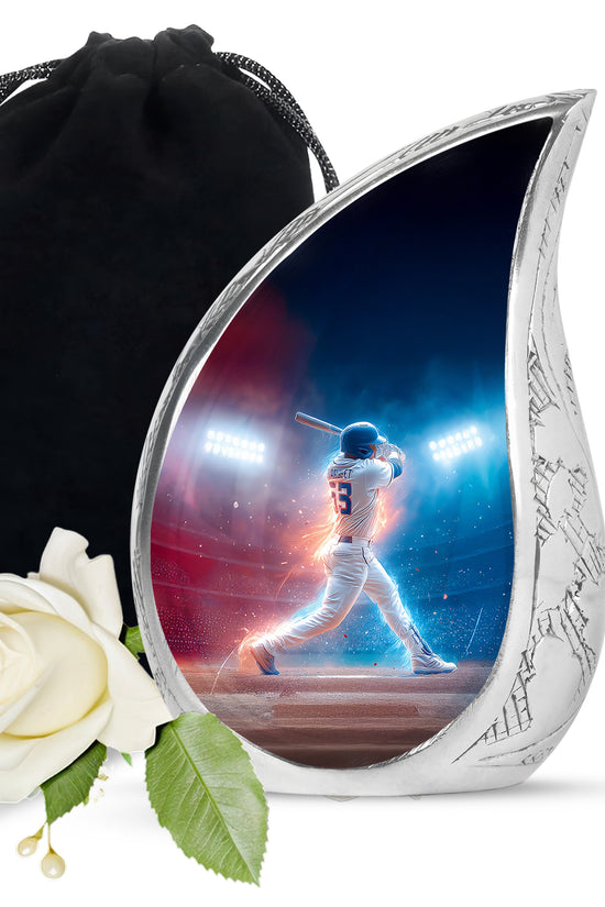 Steel Blue Baseball Cremation Urn front view showing detailed design - smooth teardrop contour featuring baseball art - full-size 10 inch 200 cubic inch adult cremation urn