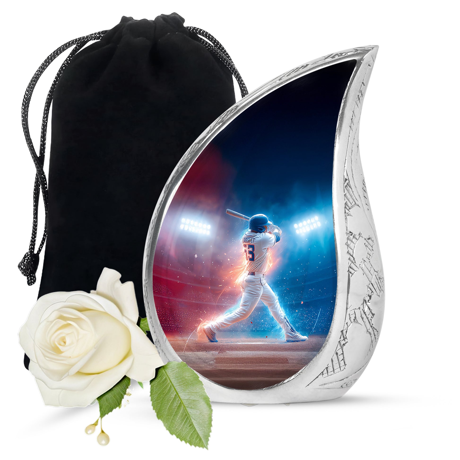 Steel Blue Baseball Cremation Urn front view showing detailed design - smooth teardrop contour featuring baseball art - full-size 10 inch 200 cubic inch adult cremation urn