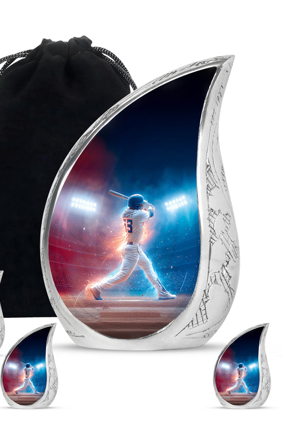 Celestial Blue Baseball Cremation Urn side profile showing urn shape - flowing teardrop baseball silhouette on curved aluminum - memorial set with one large and four small urns
