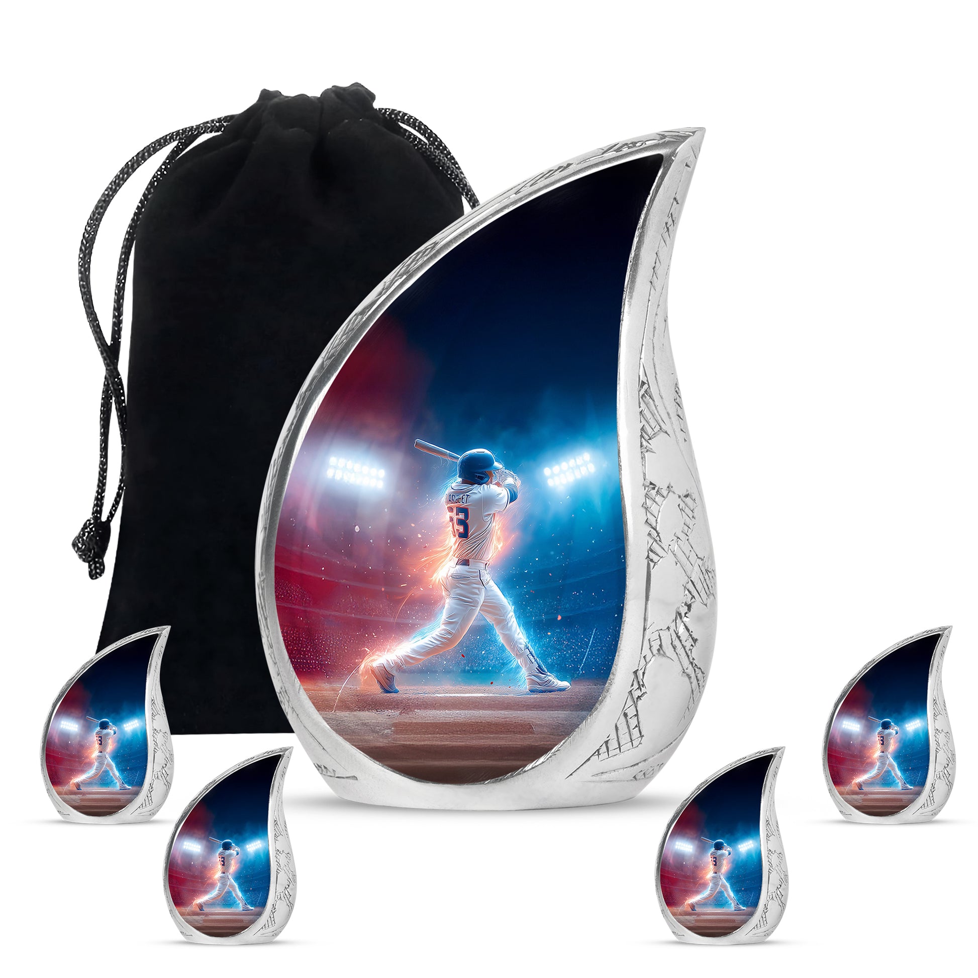 Celestial Blue Baseball Cremation Urn side profile showing urn shape - flowing teardrop baseball silhouette on curved aluminum - memorial set with one large and four small urns