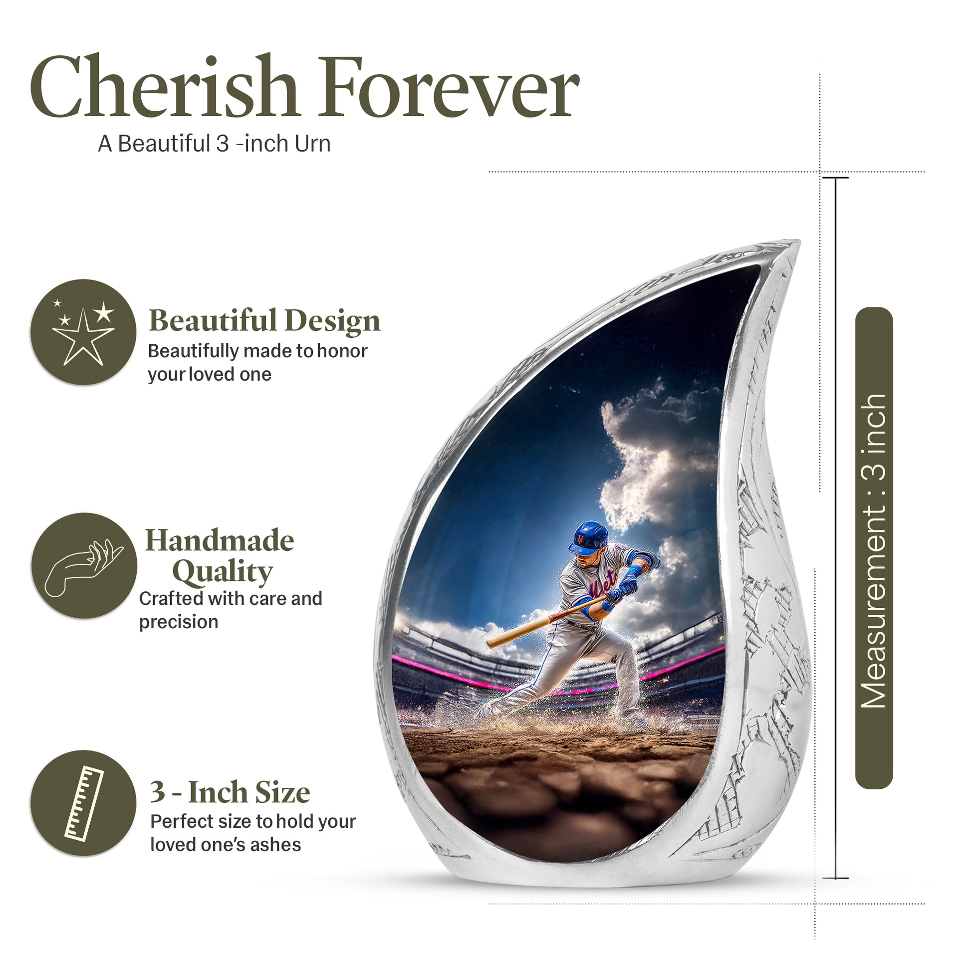 Dusty Blue Baseball Cremation Urn angled view of lid and engraved motif - flowing teardrop baseball silhouette on curved aluminum - mini keepsake memorial for portion of cremation ashes