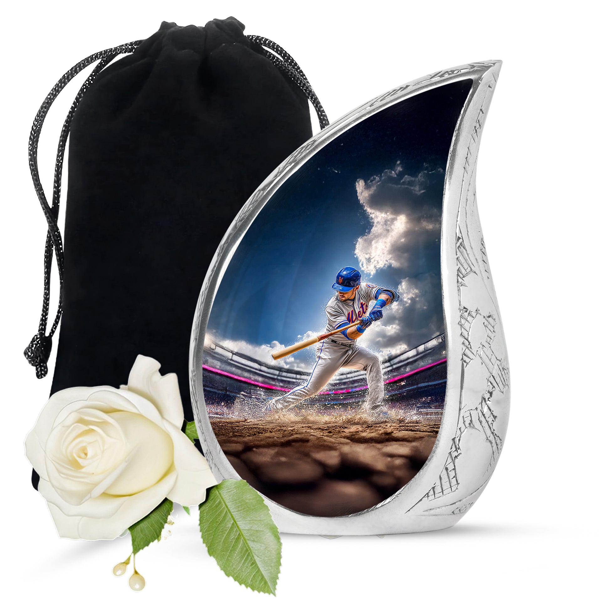 Celestial Blue Baseball Cremation Urn front view showing detailed design - flowing teardrop baseball silhouette on curved aluminum - full-size 10 inch 200 cubic inch adult cremation urn