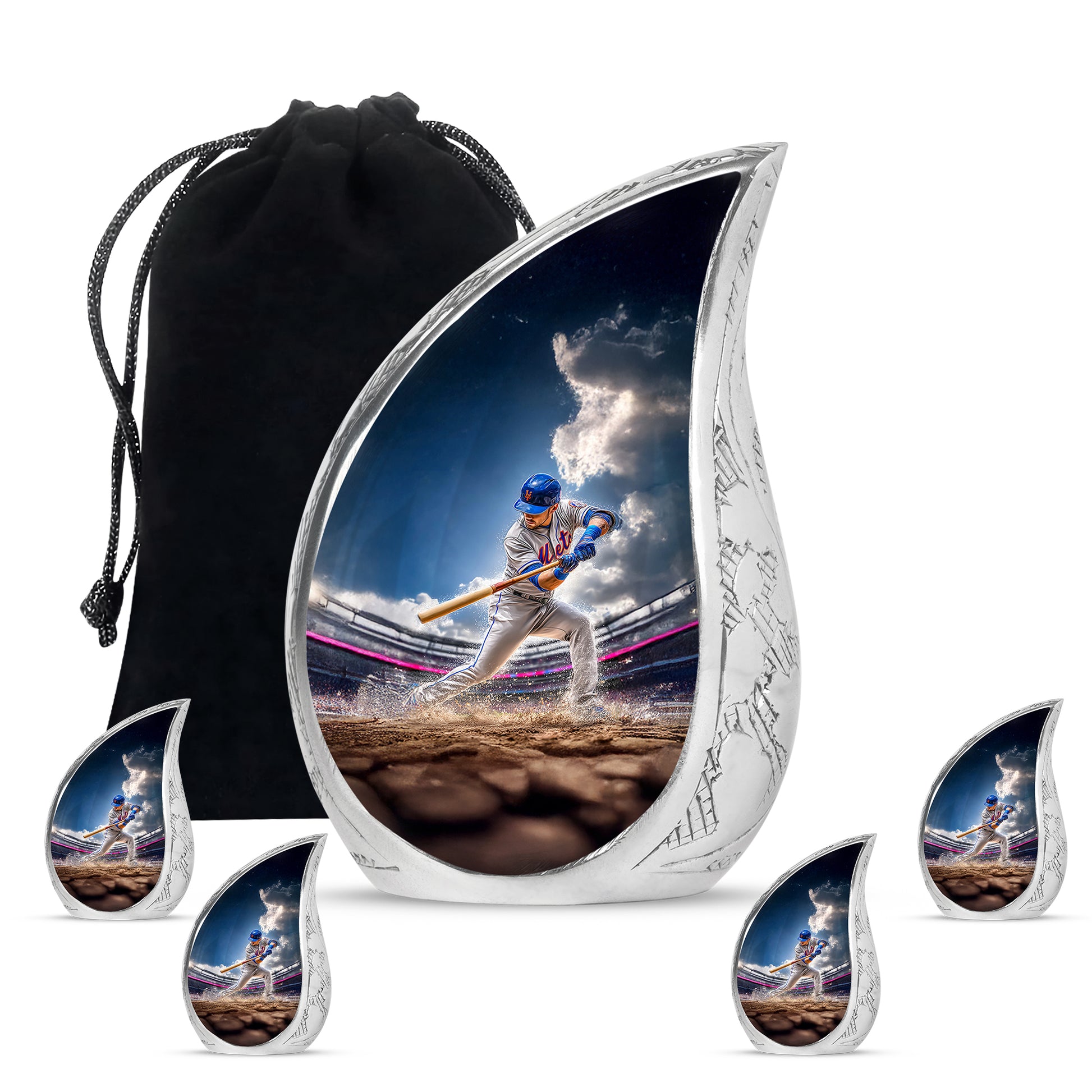 Pastel Blue Baseball Cremation Urn side profile showing urn shape - flowing teardrop baseball silhouette on curved aluminum - memorial set with one large and four small urns