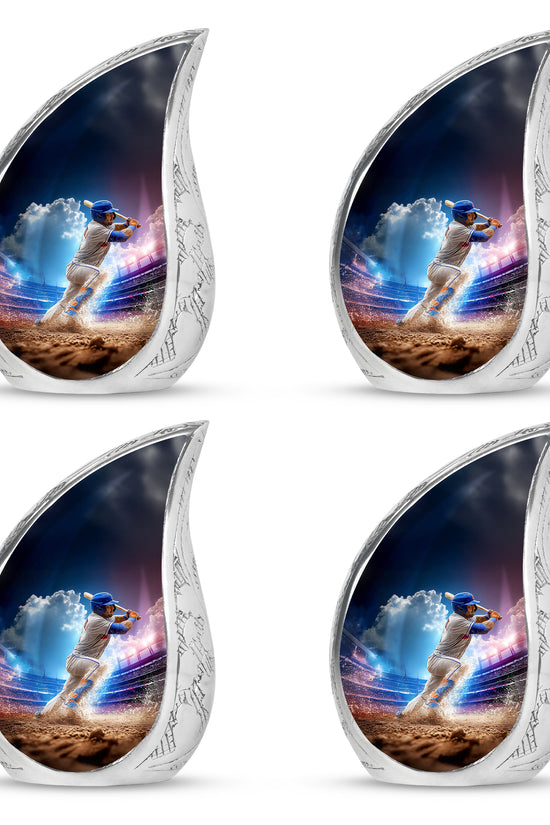 Twilight Blue Baseball Cremation Urn close-up of engraving and surface detail - smooth teardrop contour featuring baseball art - 10 inch aluminum urn for cremated remains
