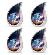 Twilight Blue Baseball Cremation Urn close-up of engraving and surface detail - smooth teardrop contour featuring baseball art - 10 inch aluminum urn for cremated remains