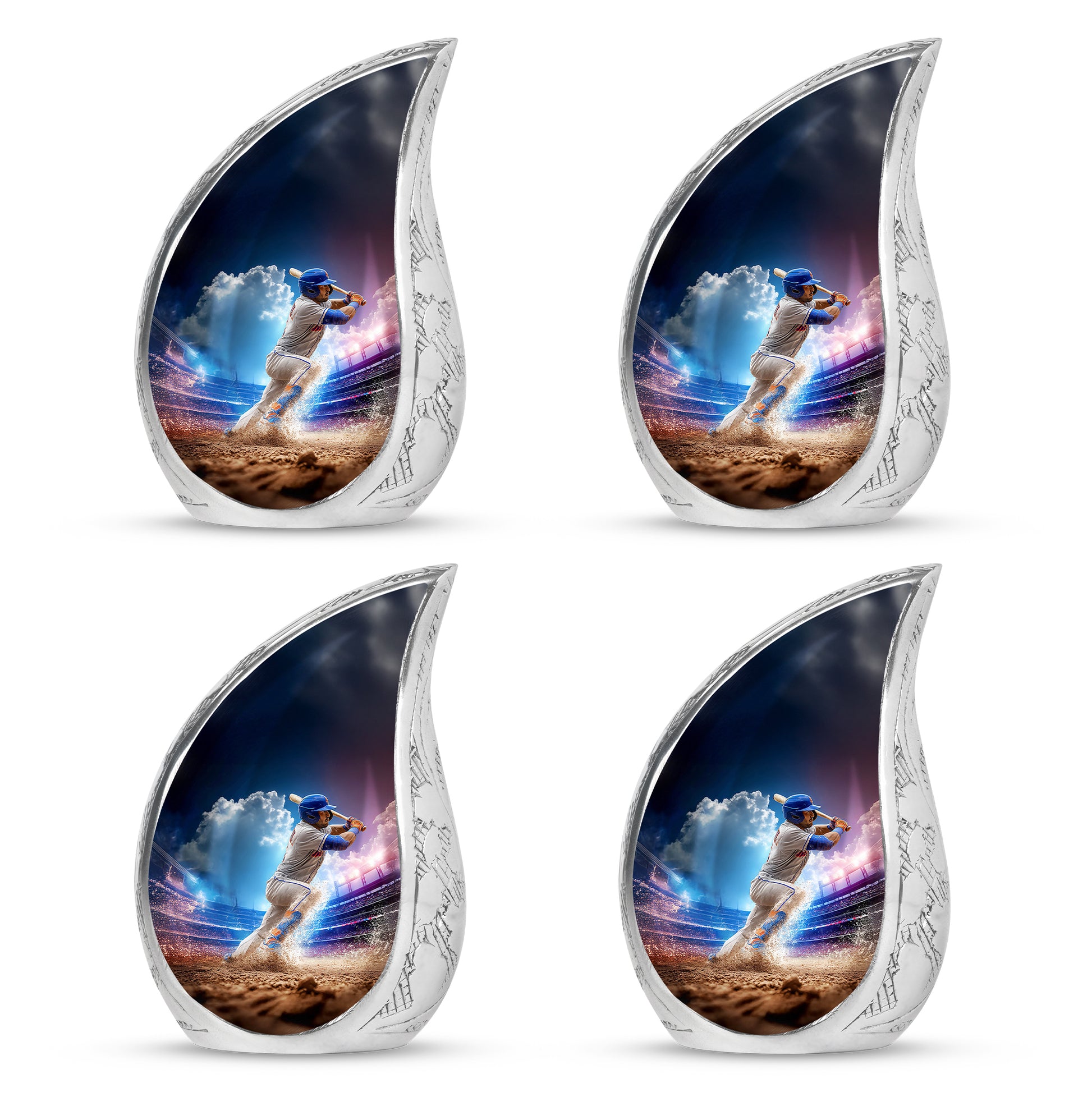 Twilight Blue Baseball Cremation Urn close-up of engraving and surface detail - smooth teardrop contour featuring baseball art - 10 inch aluminum urn for cremated remains