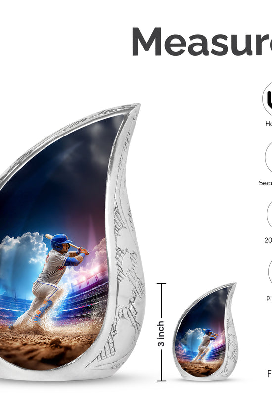 Azure Baseball Cremation Urn angled view of lid and engraved motif - rounded teardrop baseball design with delicate detail - mini keepsake memorial for portion of cremation ashes