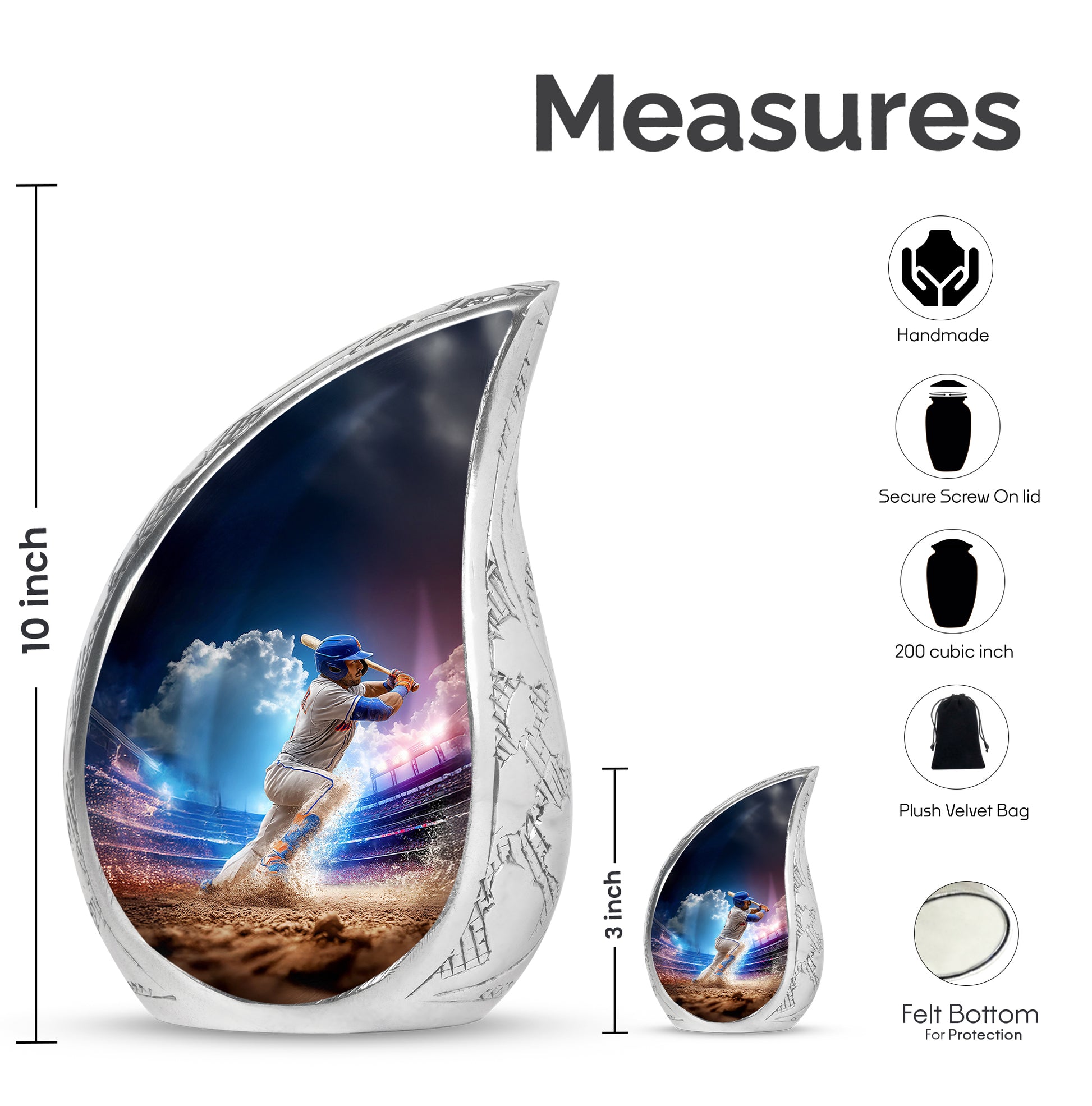 Azure Baseball Cremation Urn angled view of lid and engraved motif - rounded teardrop baseball design with delicate detail - mini keepsake memorial for portion of cremation ashes