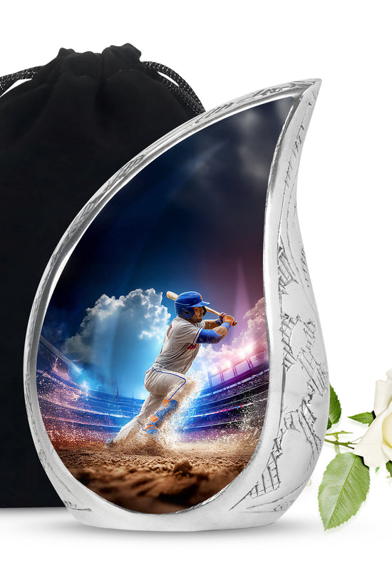 Cobalt Blue Baseball Cremation Urn front view showing detailed design - graceful tear-shaped urn with baseball motif - full-size 10 inch 200 cubic inch adult cremation urn