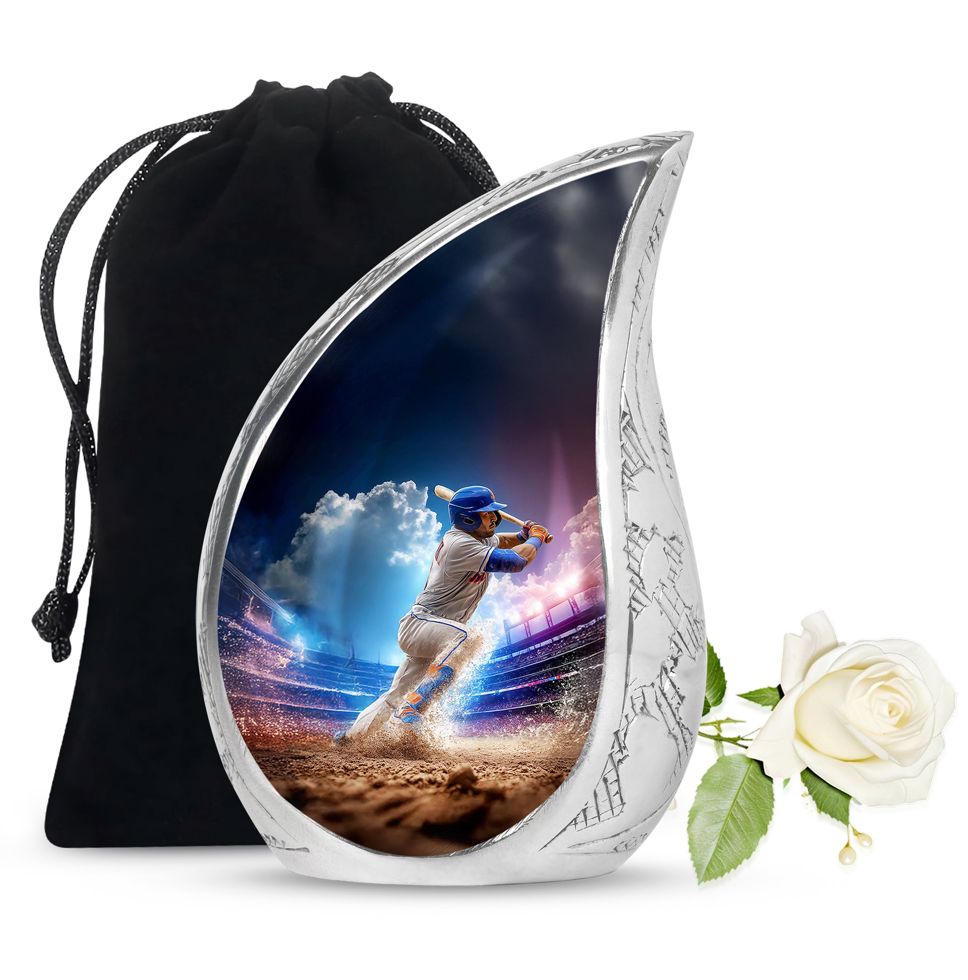 Cobalt Blue Baseball Cremation Urn front view showing detailed design - graceful tear-shaped urn with baseball motif - full-size 10 inch 200 cubic inch adult cremation urn