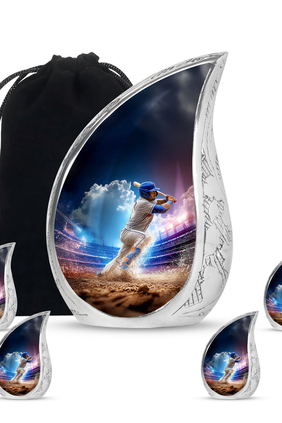 Sky Blue Baseball Cremation Urn side profile showing urn shape - flowing teardrop baseball silhouette on curved aluminum - memorial set with one large and four small urns